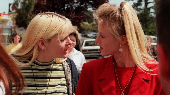 Bilynda Murphy confronting Yvonne Penfold, ex-girlfriend of Greg Domaszewicz, outside court.