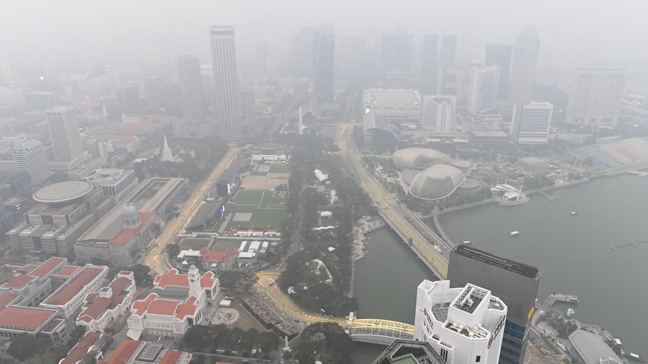 The Marina Bay Street Circuit blanketed by haze on Wednesday.