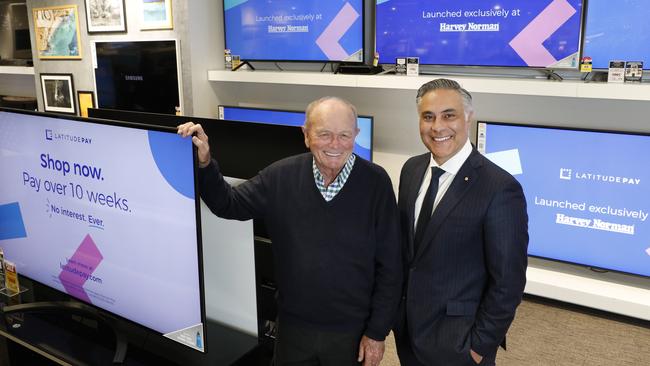 Gerry Harvey and Ahmed Fahour at the launch of LatitudePay. Picture: John Feder