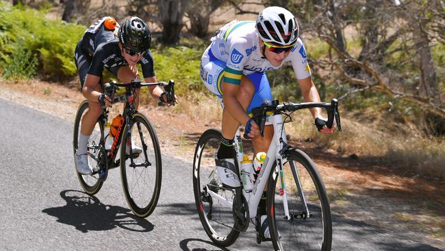 Rebecca Wiasak of Team UniSA-Australia and Deborah Paine of Vantage New Zealand during a breakaway on Stage 2 between Nuriootpa to Mengler Hill, Angaston. Picture: Tim de Waele/Getty Images