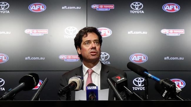 Gillon McLachlan, chief executive officer of the AFL, outlines the league’s response to the coronavirus outbreak during apress conference at Marvel Stadium. Picture: AFL Photos