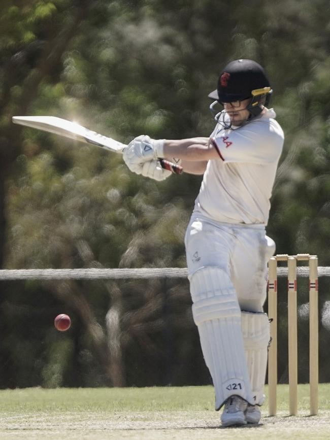 Aaron Ayre clubs a pull shot during his brilliant knock. Picture: Valeriu Campan