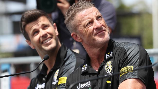 Richmond captain Trent Cotchin and coach Damien Hardwick in Brisbane on Friday. Picture: Michael Klein