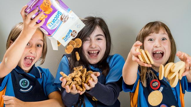 Girl Guides Helen, 8, Nora, 9, and Maggie, 8, are celebrating 60 years of the biscuit drive. Picture: Jake Nowakowski                        <a capiid="0b0ed6de25d928ceec50bb7f34700f69" class="capi-video">Mormon church, Boy Scouts to cut ties after a century</a>