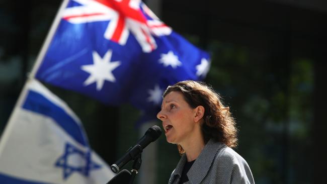 Allegra Spender speaking during a 'United With Israel - Bring Them Home' protest on November 26, 2023 in Sydney, Australia. (Photo by Lisa Maree Williams/Getty Images)