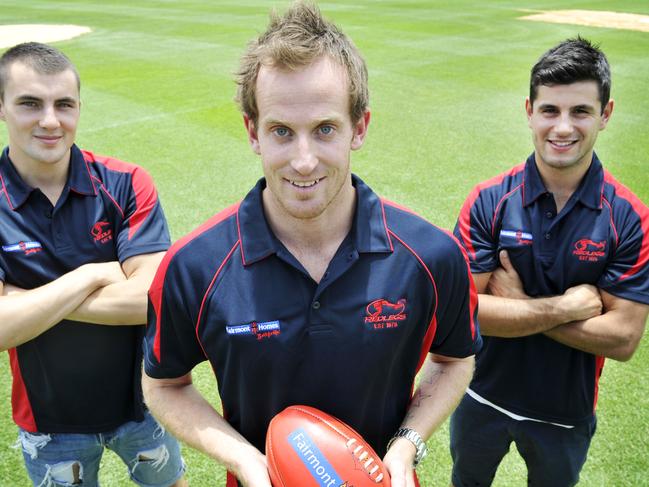 Jaryd Cachia (left) with Michael Newton and Nathan Batsanis as Norwood recruits. in 2011.