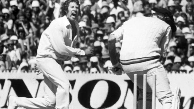 Max Walker captures the wicket of Tony Grieg in the 1977 Centennary Test at the MCG.