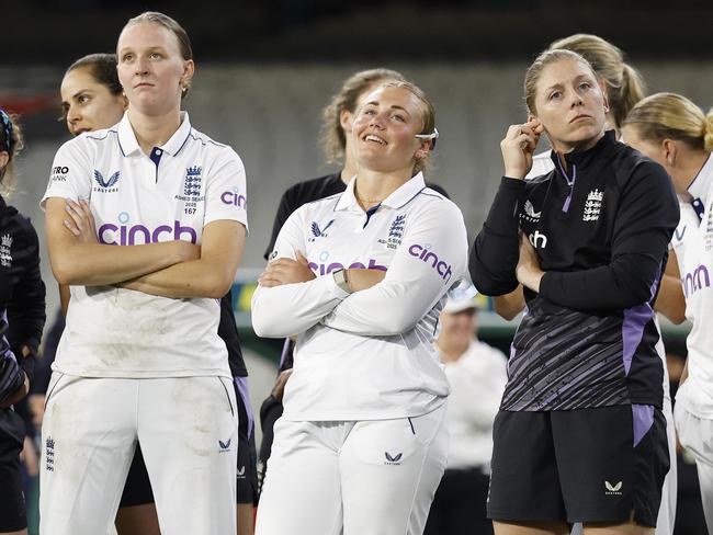 Heather Knight of England (R) at the Women's Ashes Test Match between Australia and England at Melbourne Cricket Ground. Anti-trans bans in women’s sports are spreading across the UK. Picture: Daniel Pockett/Getty Images
