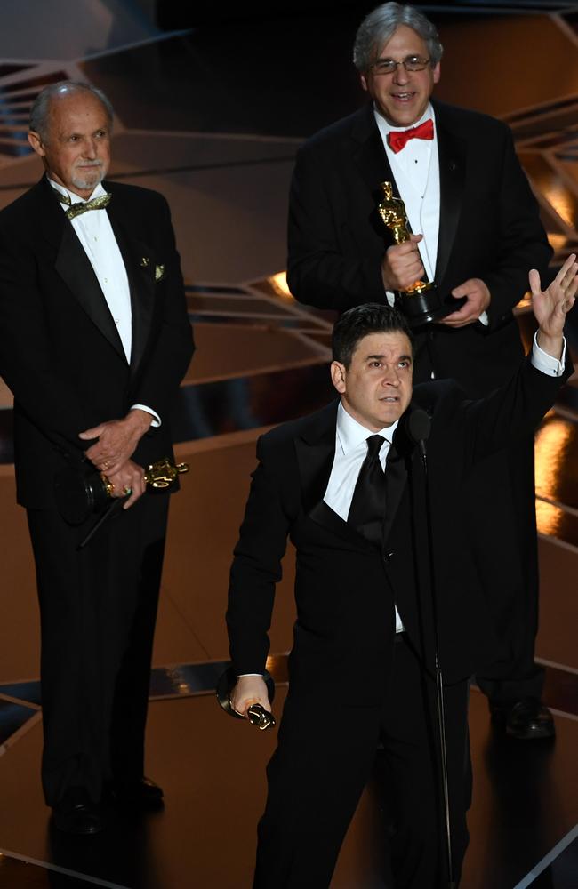 Sound mixers Gregg Landaker, Gary A. Rizzo and Mark Weingarten accept Best Sound Mixing for Dunkirk. Picture: Getty Images