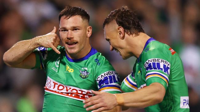 Tom Starling celebrates a try with teammate Jack Wighton earlier this year. Picture: Mark Nolan