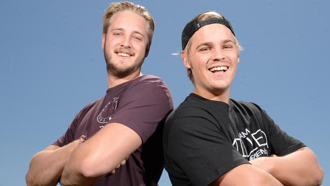 Dylan and Mitchell Orval are behind the #angrydad videos that have gon viral. They wind up their dad for expletive laden reactions. Pictured at Warrawee Park in Oakleigh. Picture: Lawrence Pinder