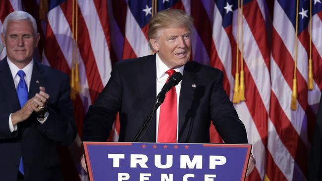 President-elect Donald Trump gives his acceptance speech during his election night rally. Picture: APPhoto/John Locher