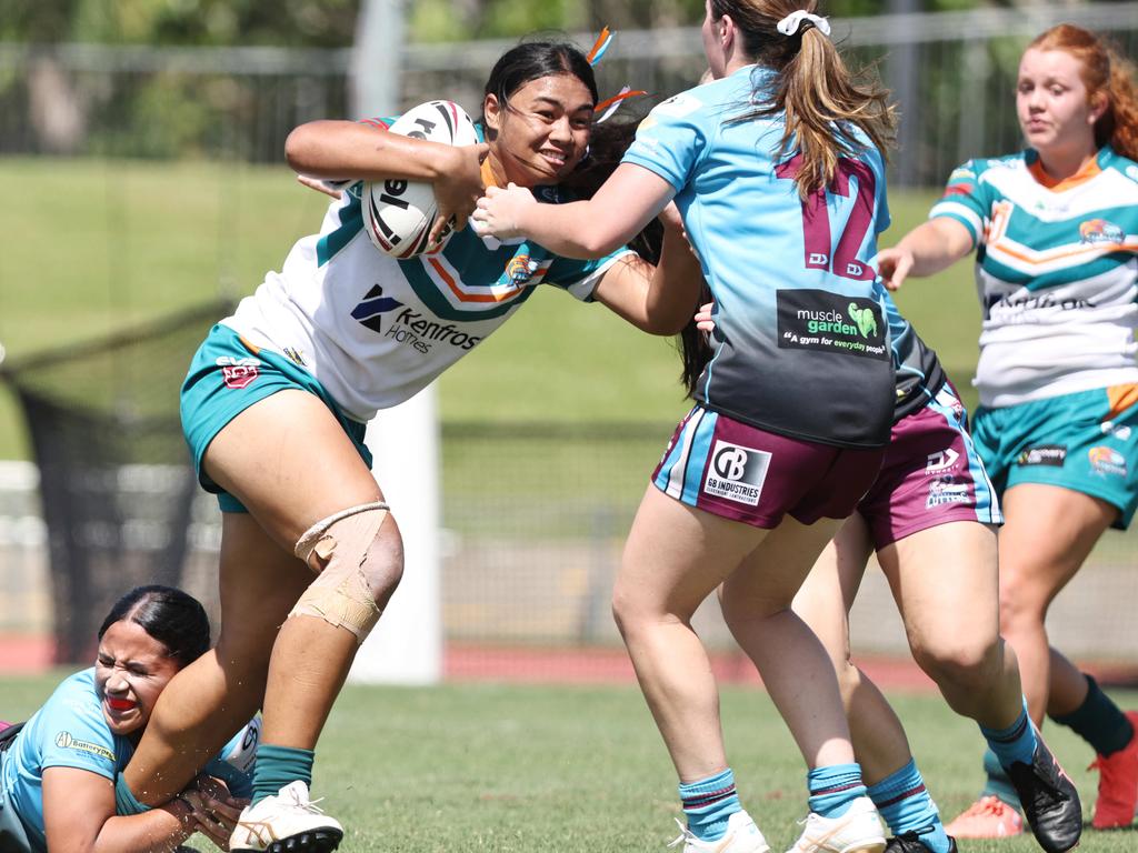 Mariah Tihopu puts on a charging run in the Queensland Rugby League (QRL) Under 19 Women's match between the Northern Pride and the Mackay Cutters, held at Barlow Park. Picture: Brendan Radke