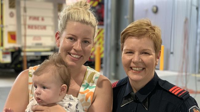 Gabby Refalo (left), Charlie and Leanne Tickle at the Mackay Fire Station on January 24, 2023. Picture: Duncan Evans