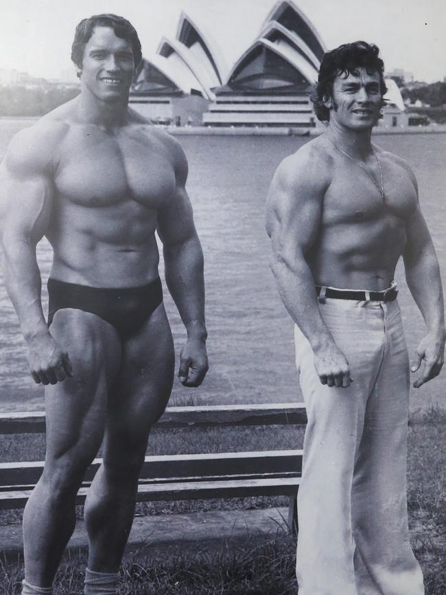 Poster of Arnold Schwarrzenegger and Paul Graham in 1974 that hangs in the former Paddington Bowling Club.