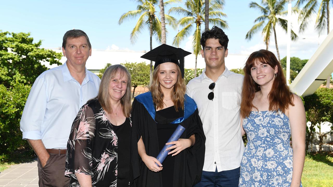 Ross Macdonald, Tara Macdonald, Caitlin Macdonald, Luan Toerien and Kayleigh Macdonald at the James Cook University 2023 Graduation. Picture: Shae Beplate.