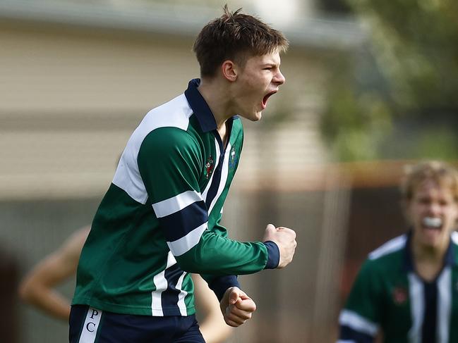 St Patrick’s College’s Ned Renfree celebrates kicking a goal during the Herald Sun Shield match between Marcellin College. Photo by Daniel Pockett/AFL Photos/via Getty Images