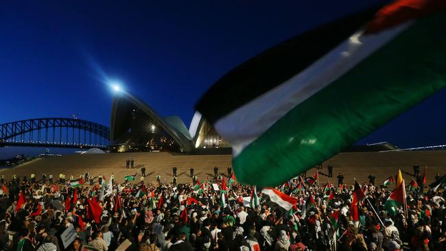 A rally for Free Palestine at the forecourt of the Sydney Opera House in Sydney. Picture: NCA NewsWire / Jeremy Piper