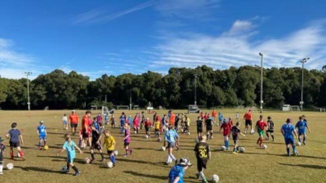 Young Sunshine Coast players participating in the first edition of the Football Queensland and Brisbane Roar FC Holiday Clinics.