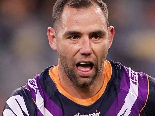 Cameron Smith of the Melbourne Storm is sent to the sin bin by the referee during the second NRL Semi Final match between the Melbourne Storm and the Parramatta Eels at AAMI Park in Melbourne, Saturday, September 21, 2019.  (AAP Image/Scott Barbour) NO ARCHIVING, EDITORIAL USE ONLY