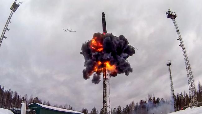 This handout video grab released by the Russian Defence Ministry on February 19 shows a Yars intercontinental ballistic missile launching during a training launch as part of the Grom-2022 Strategic Deterrence Force exercise at an undefined location in Russia. Picture: Handout/Russian Defence Ministry/AFP