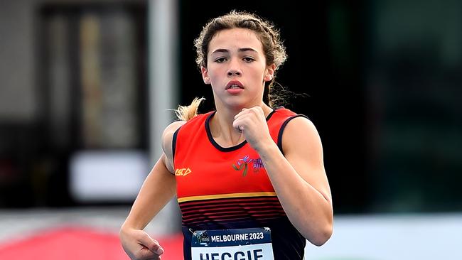 Ashleigh Heggie competes in the under-13 1500m run at Lakeside Stadium in Albert Park, Victoria in 2023. Picture: Supplied