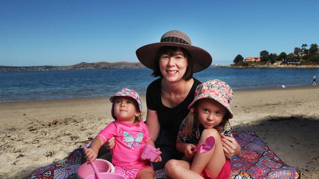 Anelda (Anelda) Lotter with children Olivia Lotter 2 and Amelia Lotter 4 at Long Beach Sandy Bay. One Australian dies from melanoma every six hours and it is the most common cancer affecting people aged 20 to 29 so being sun smart from an early age is crucial. Picture: Nikki Davis-Jones