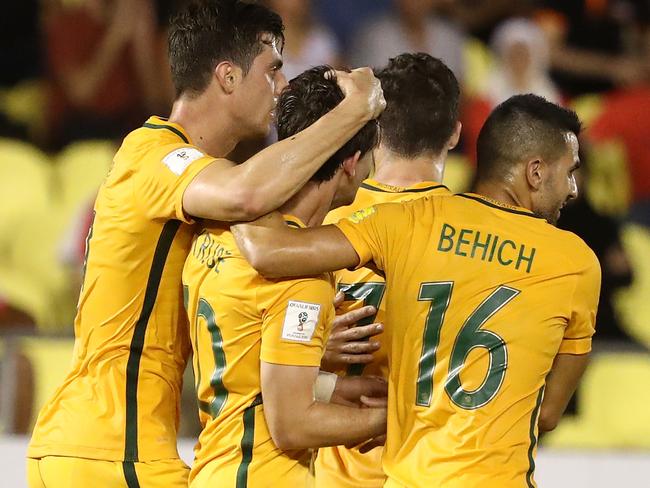 MALACCA, MALAYSIA - OCTOBER 05:  Robbie Kruse of Australia celebrates after scoring a goal during the 2018 FIFA World Cup Asian Playoff match between Syria and the Australia Socceroos at Hang Jebat Stadium on October 5, 2017 in Malacca, Malaysia.  (Photo by Robert Cianflone/Getty Images)