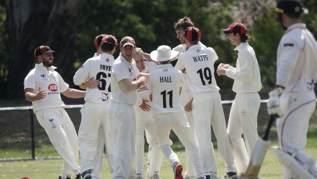 Beaumaris players celebrate a wicket in last season’s CSB Championship preliminary final. Picture: Valeriu Campan