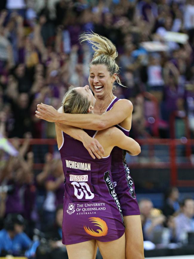 Celebrating a Firebirds grand final victory over the NSW Swifts. File picture: Annette Dew