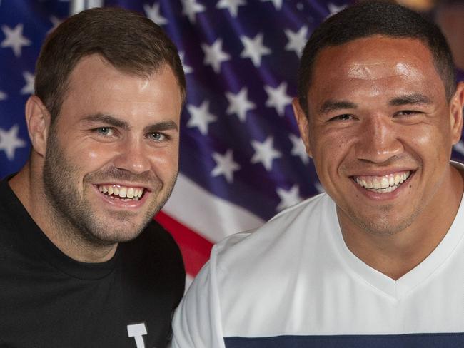 NRL stars Wade Graham and Tyson Frizell at The Star Casino's Sports Bar for the up coming American Super Bowl, today.Picture: Justin Lloyd.