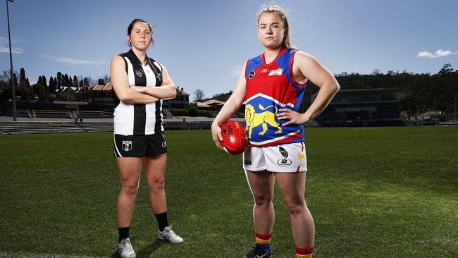 Claremont Captain Katie Stanford &amp; Huonville Captain Anna Stanway ahead of there SFLW grand final clash at North Hobart Oval on Friday night. Picture: Zak Simmonds