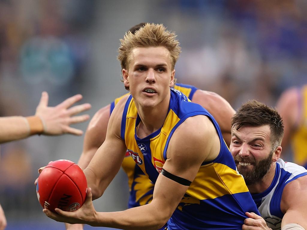 Jack Hutchinson on debut for West Coast on Saturday. Picture: Paul Kane/Getty Images.