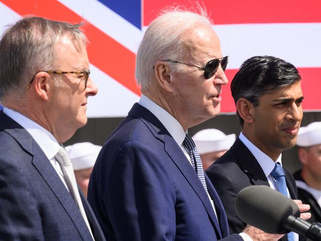 SAN DIEGO, CALIFORNIA - MARCH 13: Australian Prime Minister Anthony Albanese (L), US President Joe Biden (C) and British Prime Minister Rishi Sunak (R) hold a press conference after a trilateral meeting during the AUKUS summit on March 13, 2023 in San Diego, California. President Biden hosts British Prime Minister Rishi Sunak and Australian Prime Minister Anthony Albanese in San Diego for an AUKUS meeting to discuss the procurement of nuclear-powered submarines under a pact between the three nations. (Photo by Leon Neal/Getty Images)