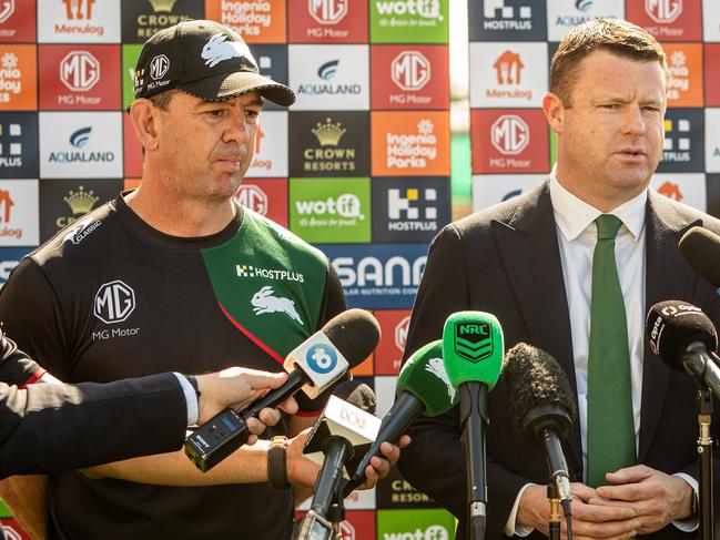 Former South Sydney coach Jason Demetriou (left) and CEO Blake Solly (right). Picture: Julian Andrews