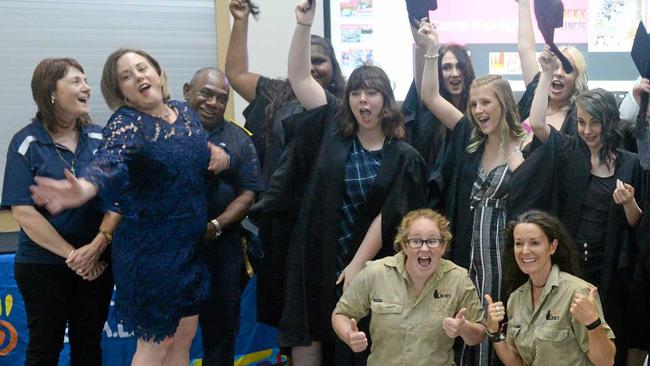 Jessie Conway of Rocky Instincts and Ky Furneaux celebrate the Project Booyah girls&#39; graduation. Picture: Jann Houley