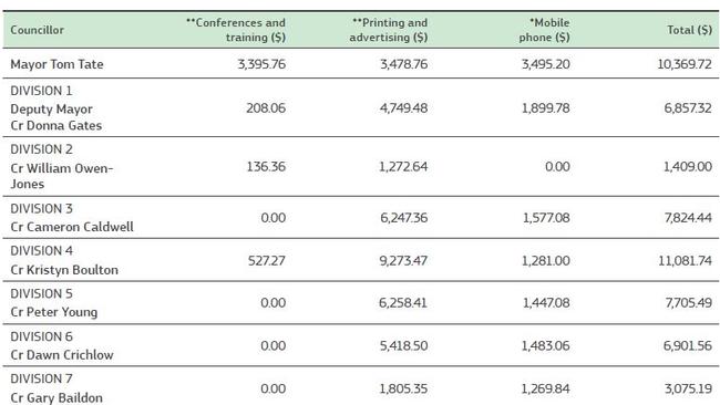 Councillor expenses, Mayor and Divisions 1-7