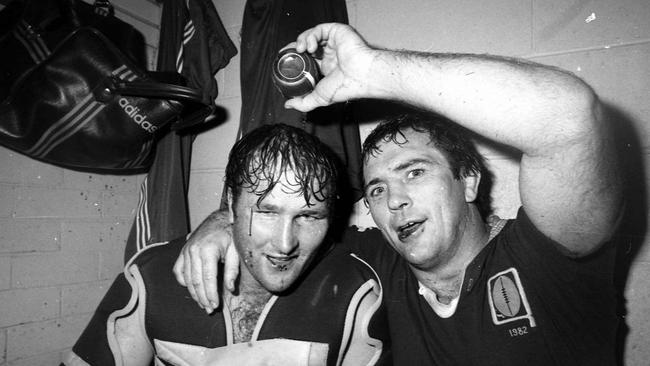 Rohan Hancock and Rod Morris celebrate Queensland’s win. Neg/no 35/P/6257-19 box/no Picture by Jim Fenwick The Courier-Mail Photo Archive