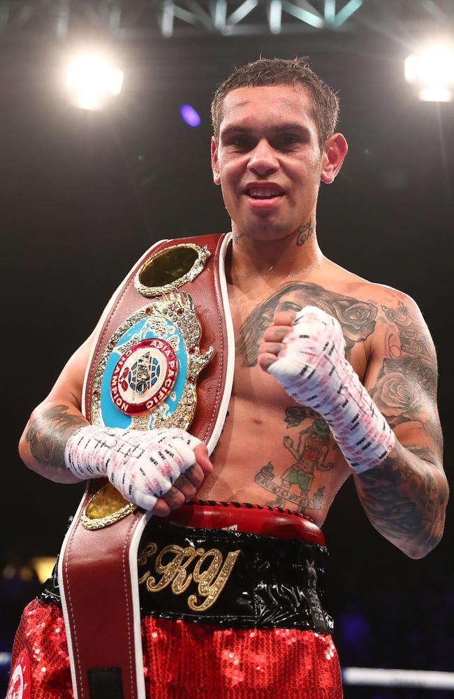 Nathaniel May celebrates after winning against Aelio Mesquita of Brazil during the WBO Asia Pacific Featherweight Title bout at Brisbane Convention &amp; Exhibition Centre. Picture: Chris Hyde/Getty Images