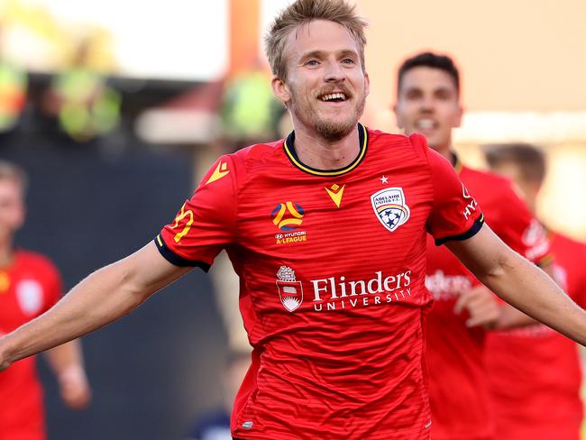 ADELAIDE, AUSTRALIA - JANUARY 17: Ben Halloran of Adelaide United celebrates his goal during the round 15 A-League match between Adelaide United and the Melbourne Victory at Coopers Stadium on January 17, 2020 in Adelaide, Australia. (Photo by Jonathan DiMaggio/Getty Images)