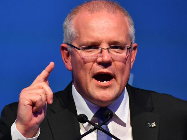 Prime Minister Scott Morrison delivers his Federal Budget Lunch address at the Four Seasons hotel in Sydney, Friday, April, 5, 2019. The Prime Minister is expected to call a Federal Election with in days. (AAP Image/Dean Lewins) NO ARCHIVING