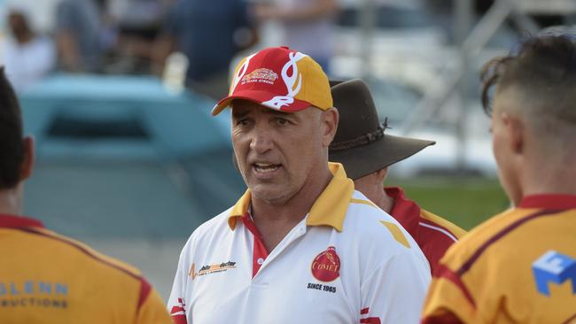 Coach Brandon Costin addresses the Coffs Harbour Comets playing group during the half time break of the Hoey Moey Tooheys Coffs Coast 9s final against the Orara Valley Axemen at Geoff King Motors Park. Nines rugby league 17 February 2018