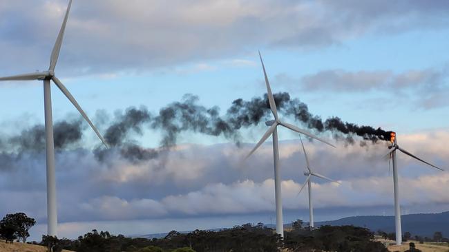 Wind turbine on fire at Breadalbane near Griffith on the Hume Highway. Picture credit NSW Rural Fire Service