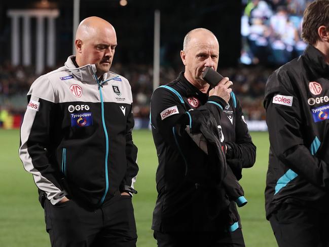 Power General Manager of Football Chris Davies with coach Ken Hinkley. Port Adelaide wants to end its 150-year affiliation with the SANFL and join a reserves competition. Picture: Sarah Reed/AFL Photos via Getty Images.