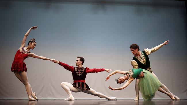 Australian Ballet dancers, from left, Ako Kondo, Brett Chynoweth, Sharni Spencer and Callum Linnane perform on stage at the Royal Opera House in London on Monday. Picture: AFP