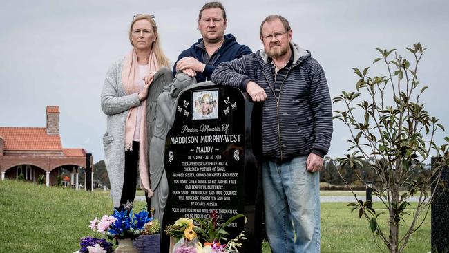 Maddy’s aunt Kelly-Anne Murphy, uncle Shannon Murphy and grandfather Gil Murphy come to her grave weekly. Picture: Jake Nowakowski