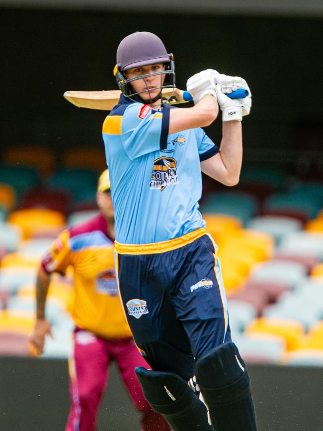 Pictured: Aidan Firman. Bulls Masters Country Challenge grand final at the Gabba 2024. Supplied by Bob Jones/Queensland Cricket/Bulls Masters.