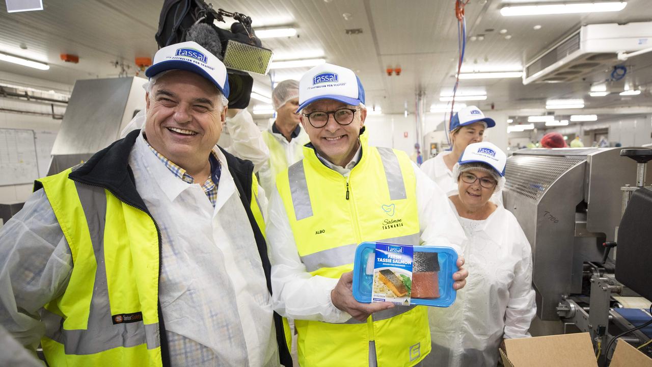 Brian Mitchell MP, Prime Minister Anthony Albanese and Senator Anne Urquhart tour the Tassal processing facility at Barretta. Picture: Chris Kidd