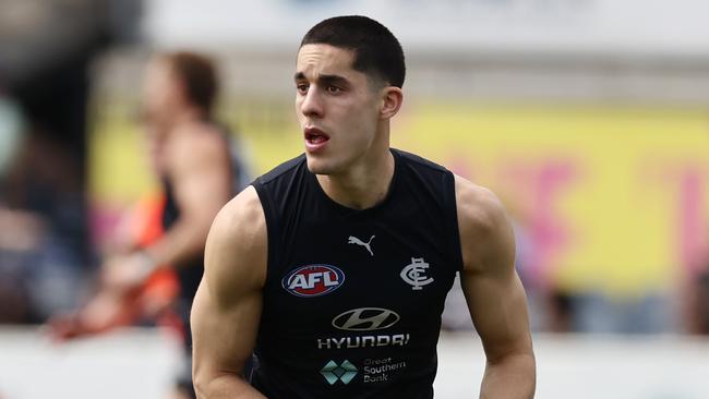 MELBOURNE, AUSTRALIA - September 18, 2023. AFL .   Adam Cerra of the Blues during the Carlton training session at Ikon Park in Carlton, Australia.  Photo by Michael Klein.