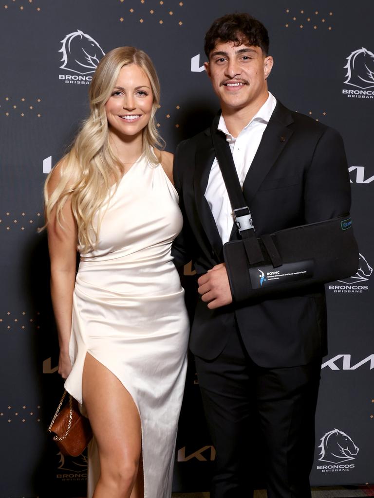 Kotoni Staggs and Brittany Becht at Brisbane Broncos’ 2022 awards night. Picture: Steve Pohlner